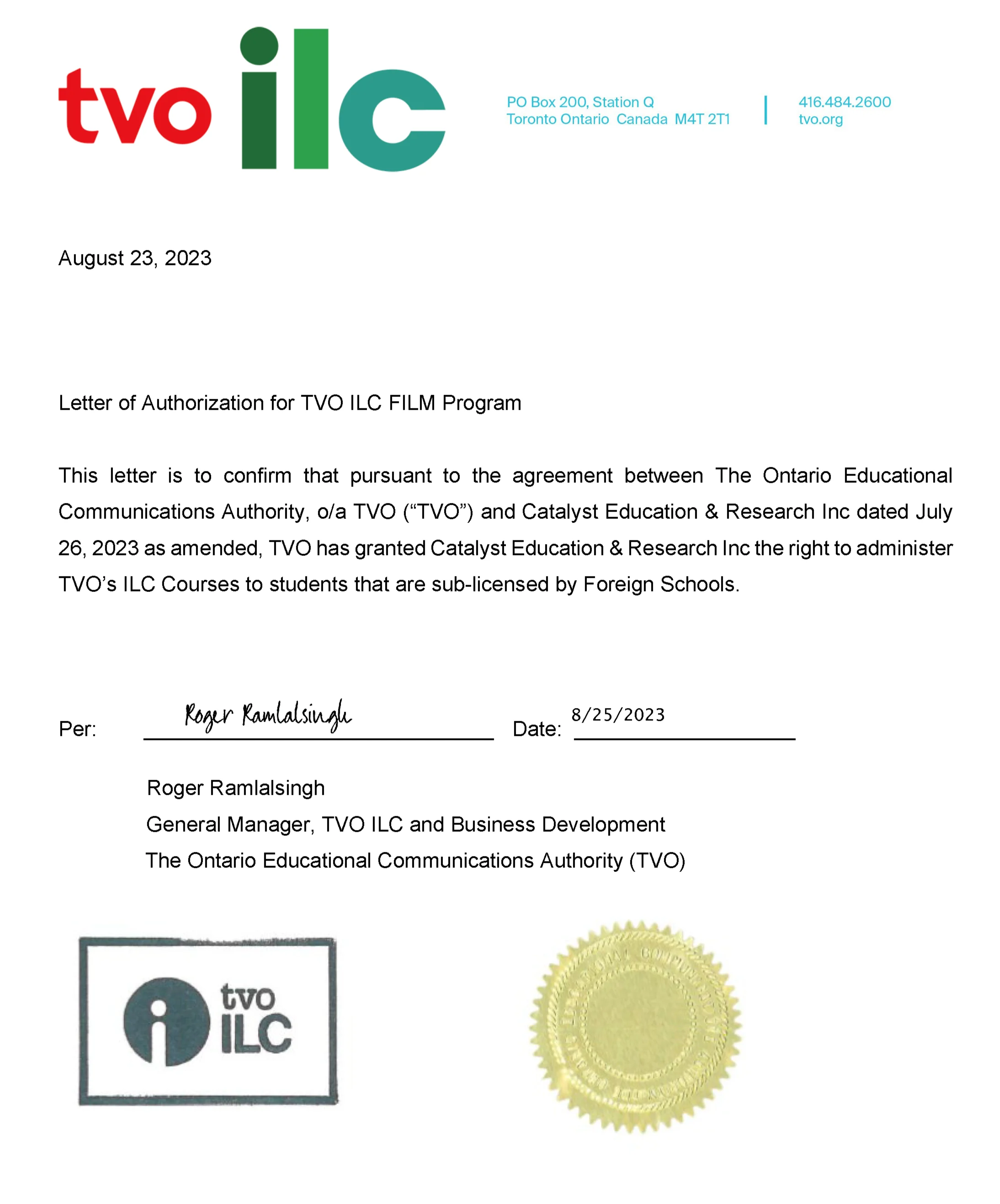 TVO ILC Letter of Authorization confirming Catalyst Education as authorized representative